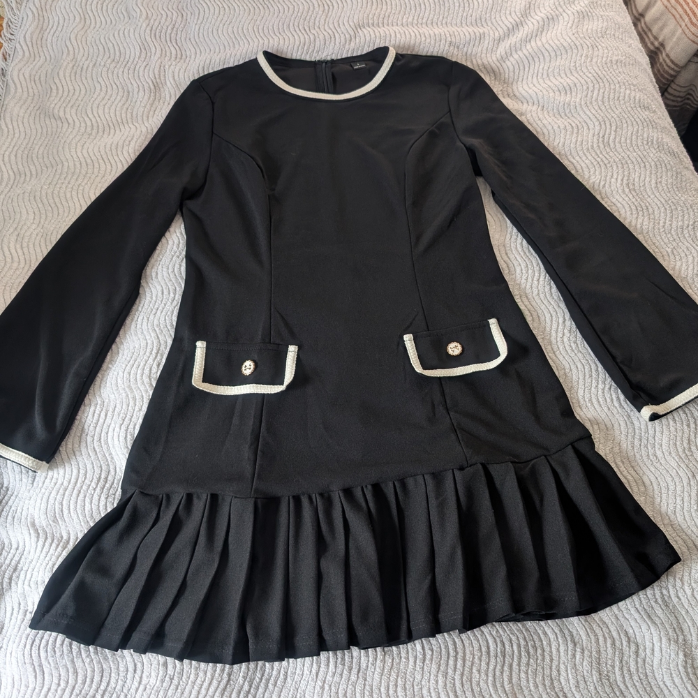 Chic Black Long Sleeve Dress with White Accents